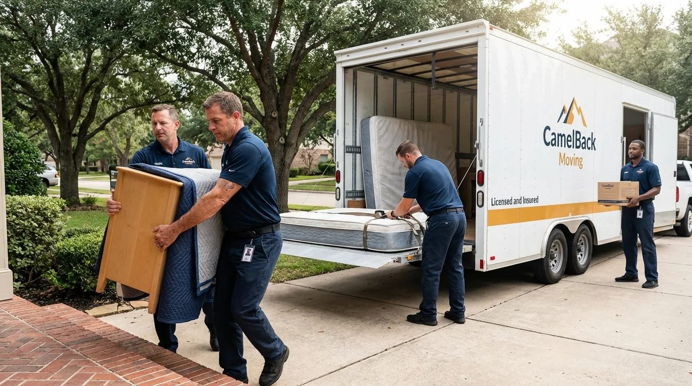 Crew loading residential truck for cross-state move from Newport, IN