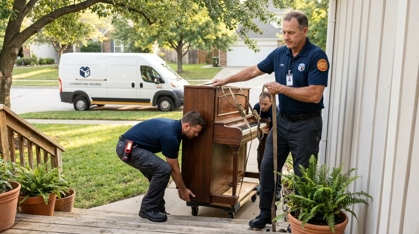 Licensed piano movers securing grand piano in Newport, IN