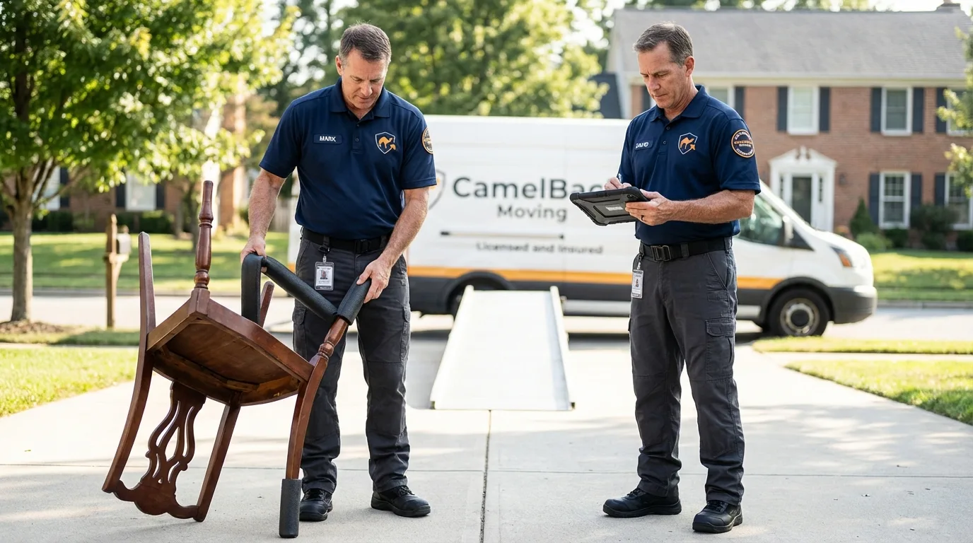 Movers inspecting furniture for damage prevention before loading in Newport, IN